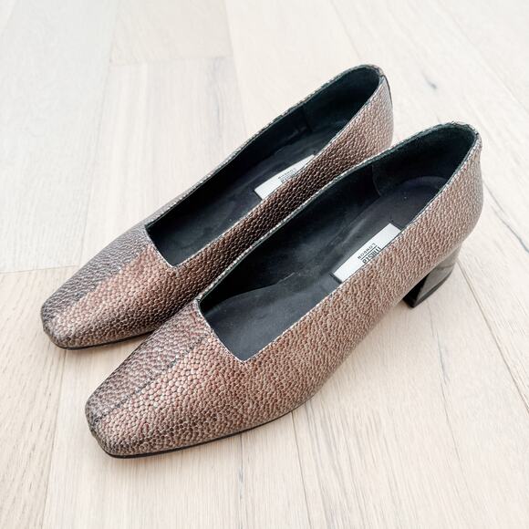 Miista London Taissa Leather Bronze Pebble‎ Texture Square Toe Chunky Heel Sz 37 - Picture 1 of 8